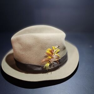 Beige Malliry Fedora Hat with Feather Accent